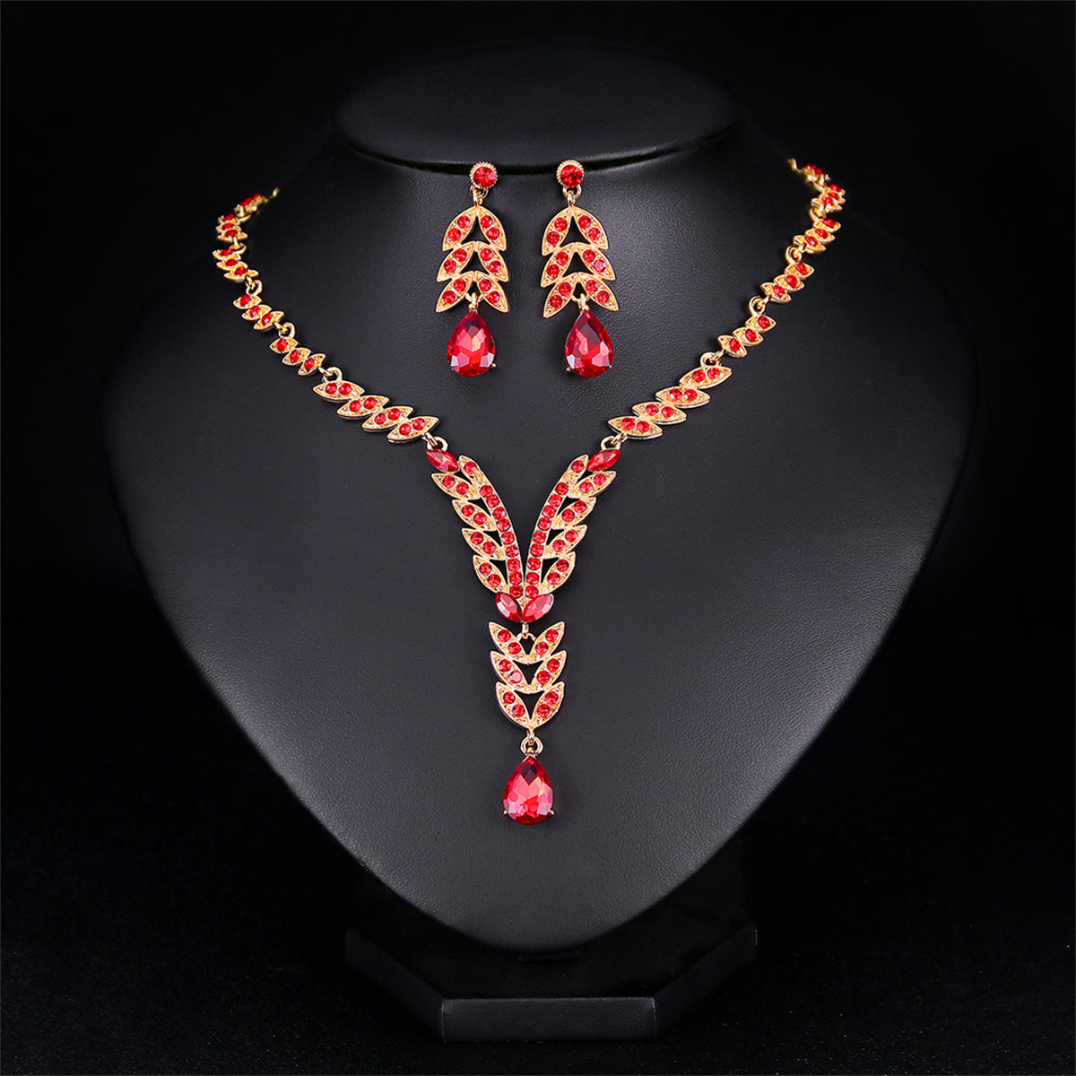 Red Crystal & Cubic Zirconia Botanical Lariat Necklace & Drop Earrings