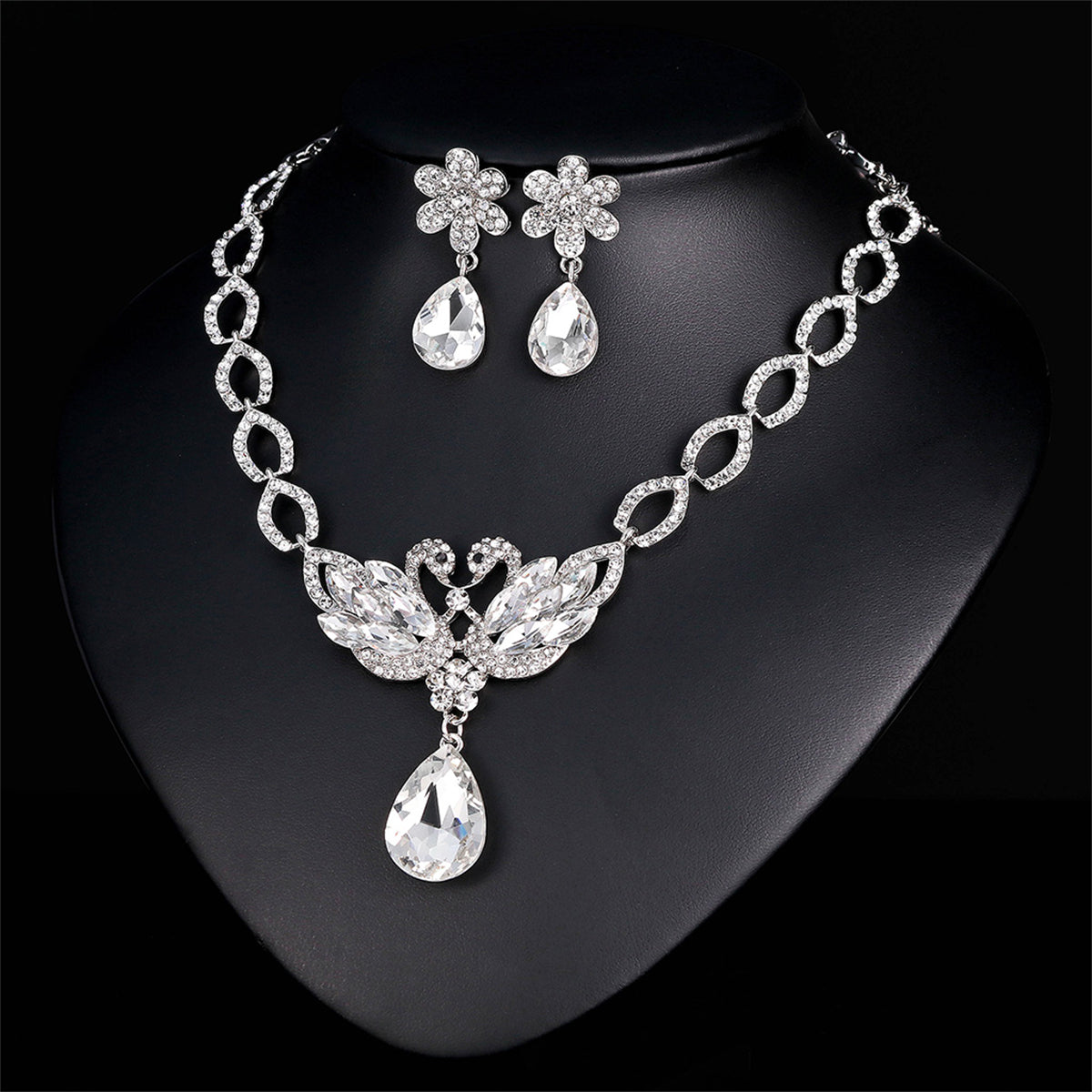 Crystal & Silver-Plated Swan Pendant Necklace & Drop Earrings