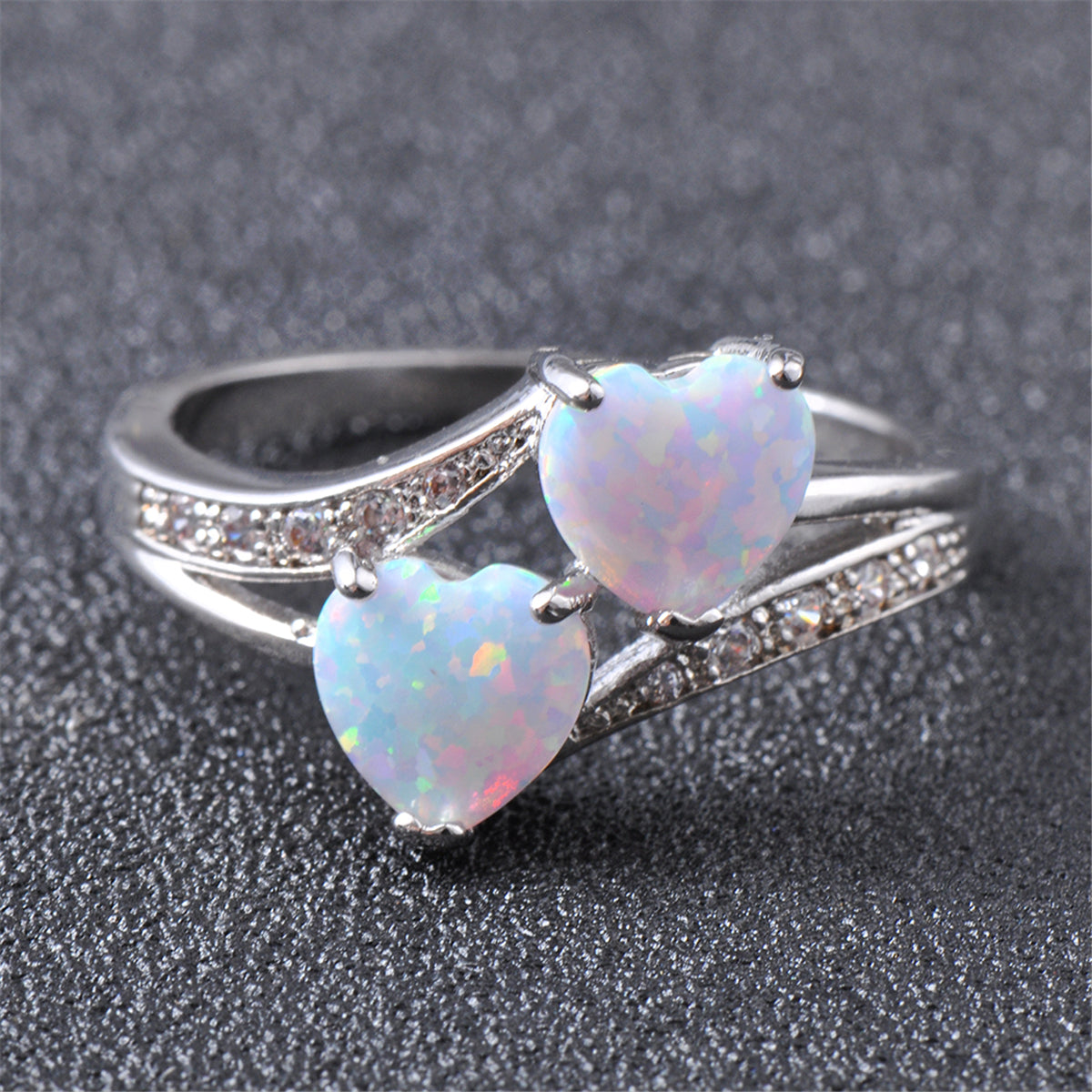 Opal & Cubic Zirconia Double-Heart Ring