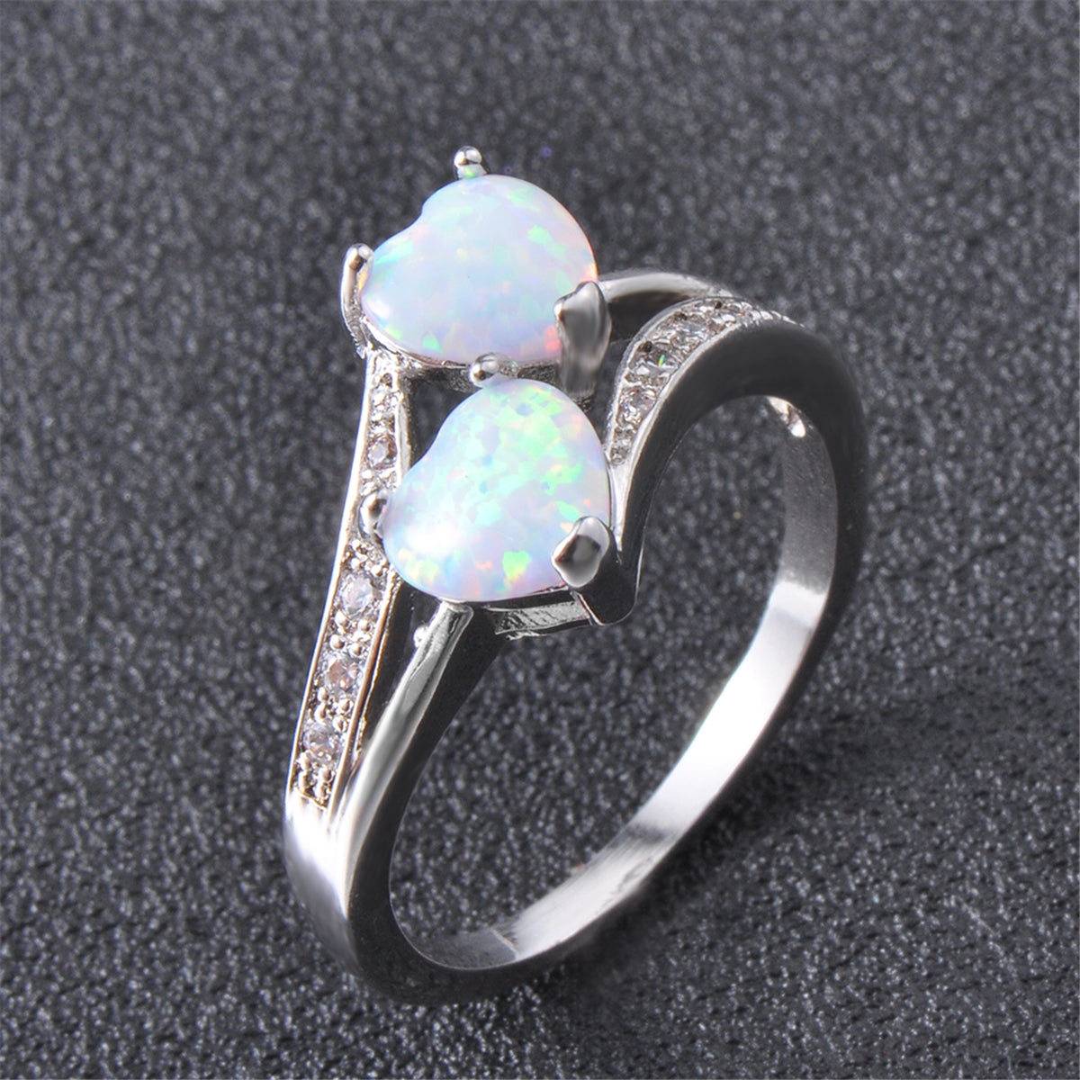 Opal & Cubic Zirconia Double-Heart Ring