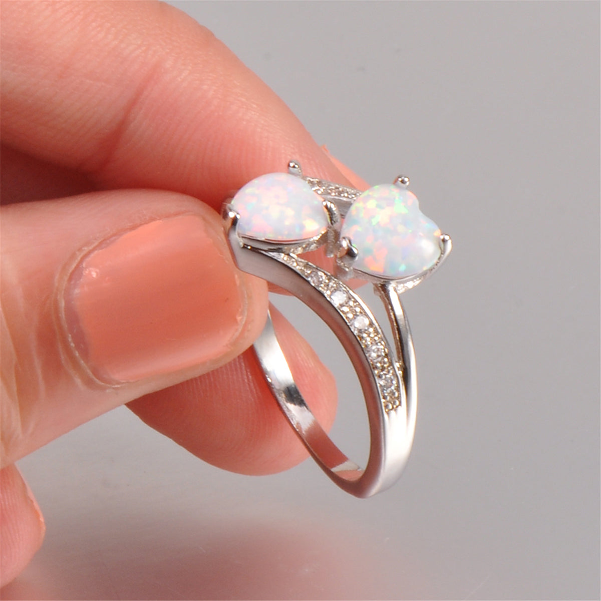 Opal & Cubic Zirconia Double-Heart Ring