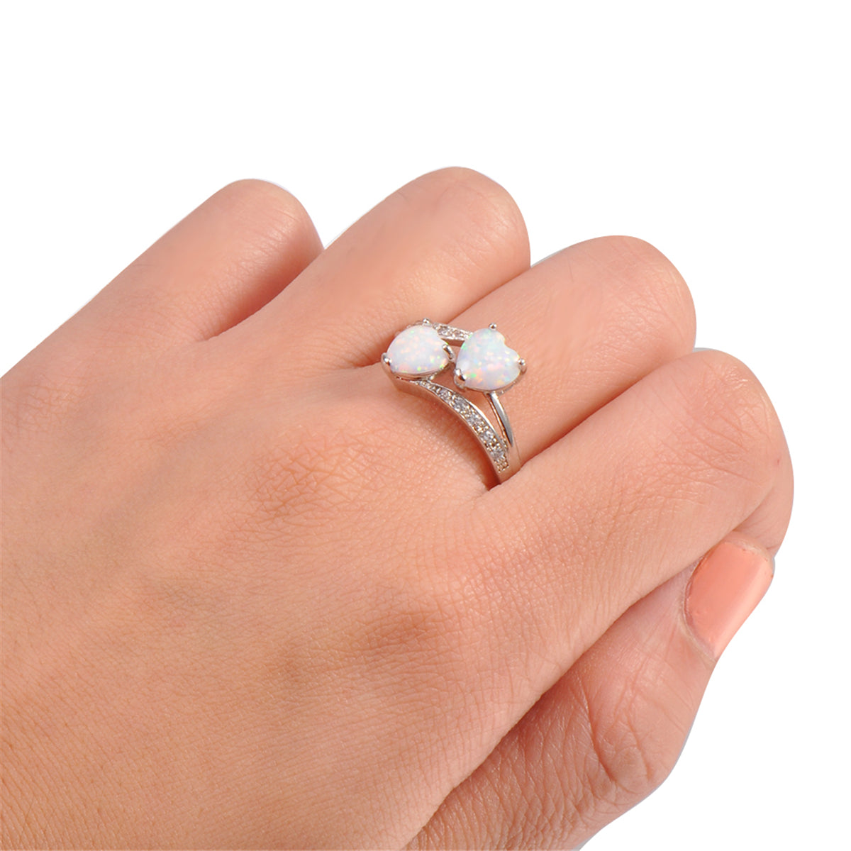 Opal & Cubic Zirconia Double-Heart Ring