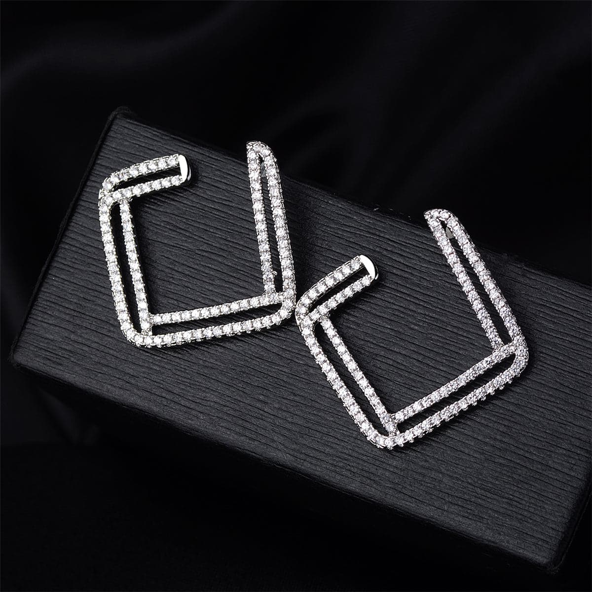 Cubic Zirconia & Silver-Plated Open Layered Rhombus Stud Earrings