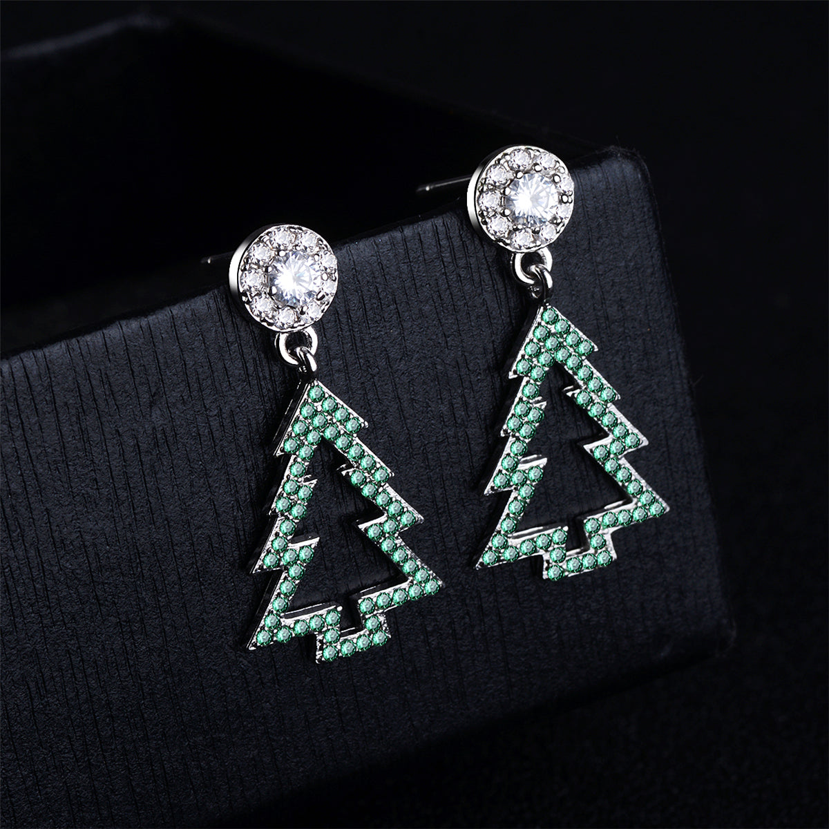 Green Cubic Zirconia & Silver-Plated Christmas Tree Drop Earrings