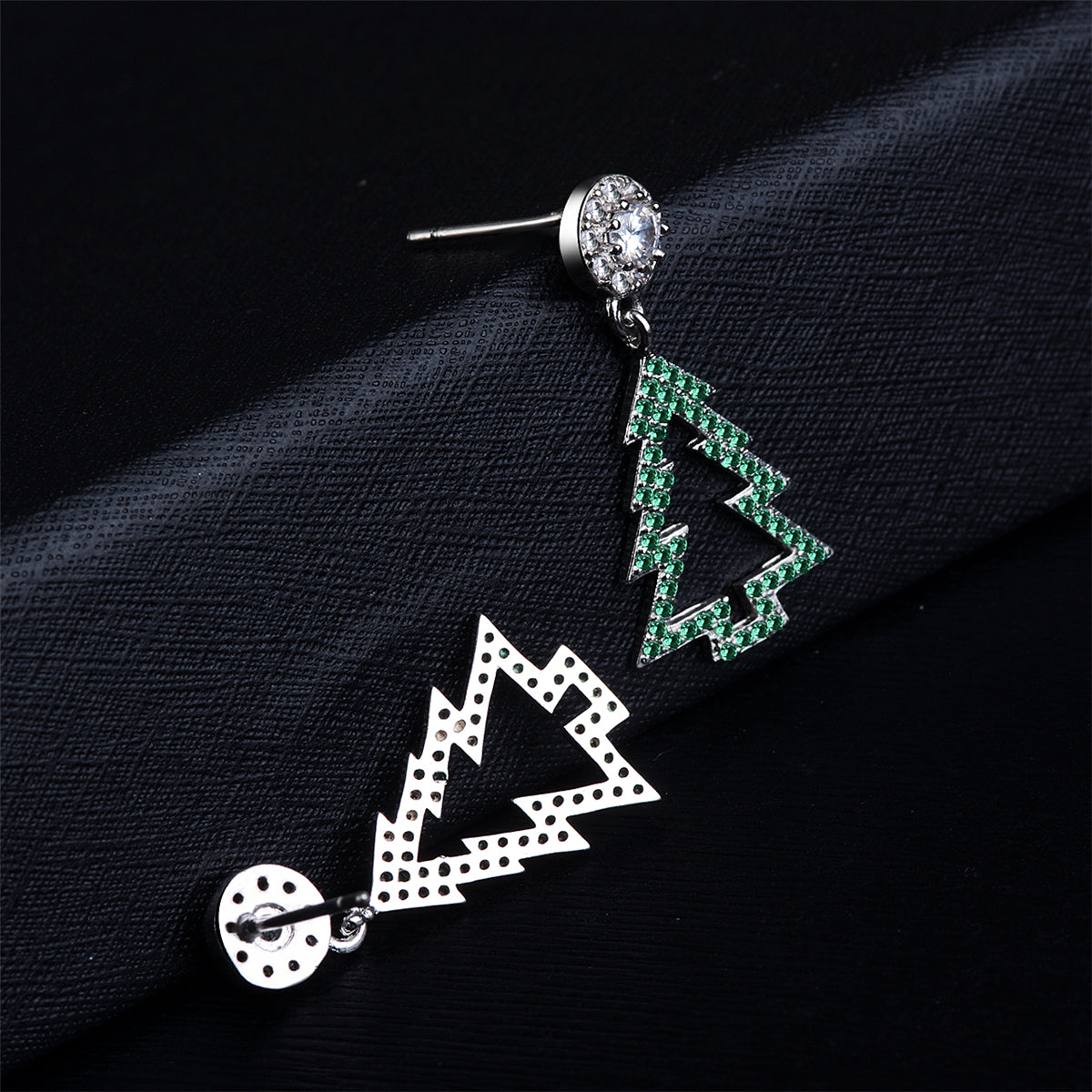 Green Cubic Zirconia & Silver-Plated Christmas Tree Drop Earrings