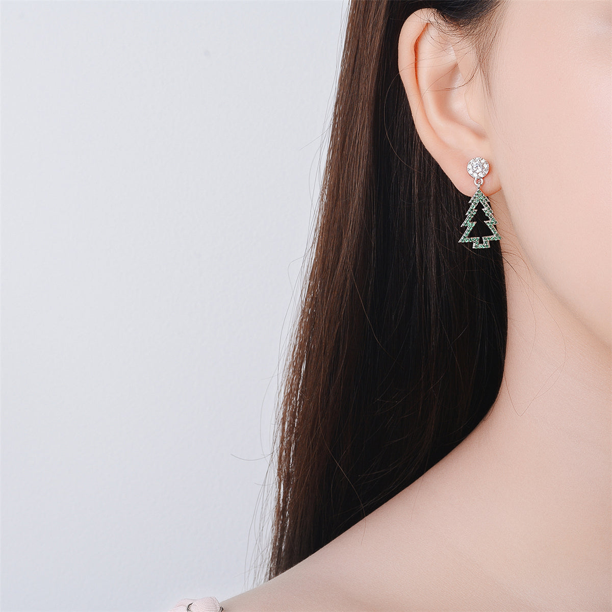 Green Cubic Zirconia & Silver-Plated Christmas Tree Drop Earrings