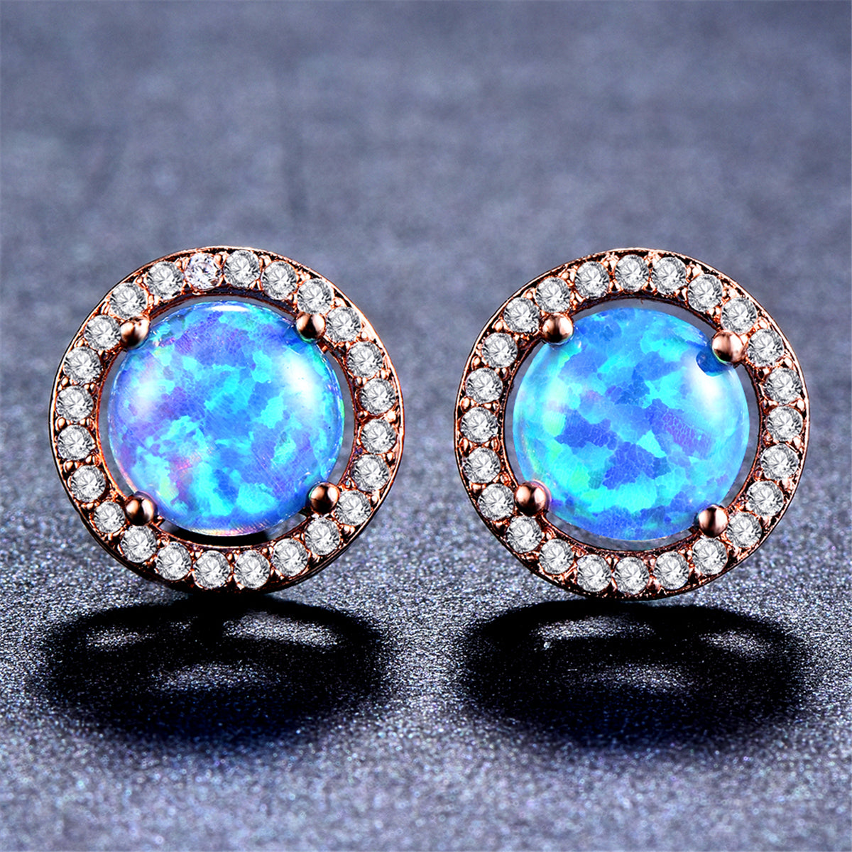 Blue Opal & Cubic Zirconia Round Halo Stud Earrings