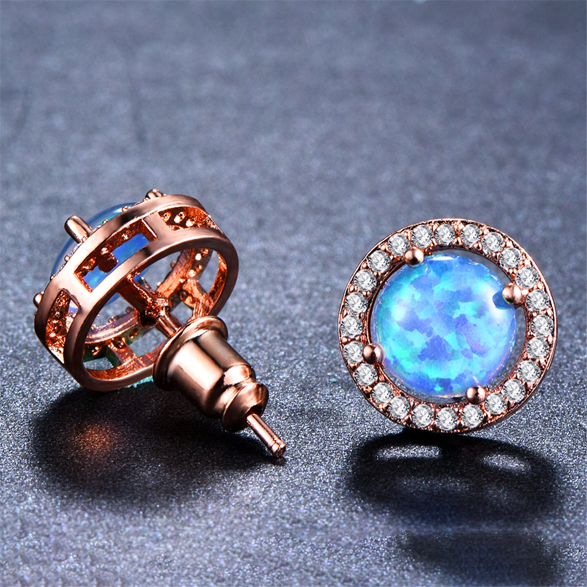 Blue Opal & Cubic Zirconia Round Halo Stud Earrings