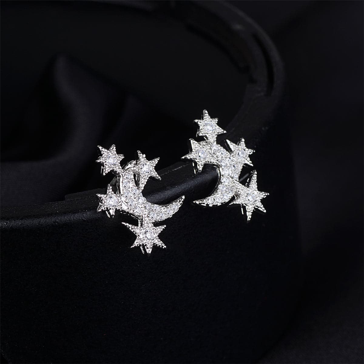 Cubic Zirconia & Silver-Plated Star Cluster & Moon Stud Earrings