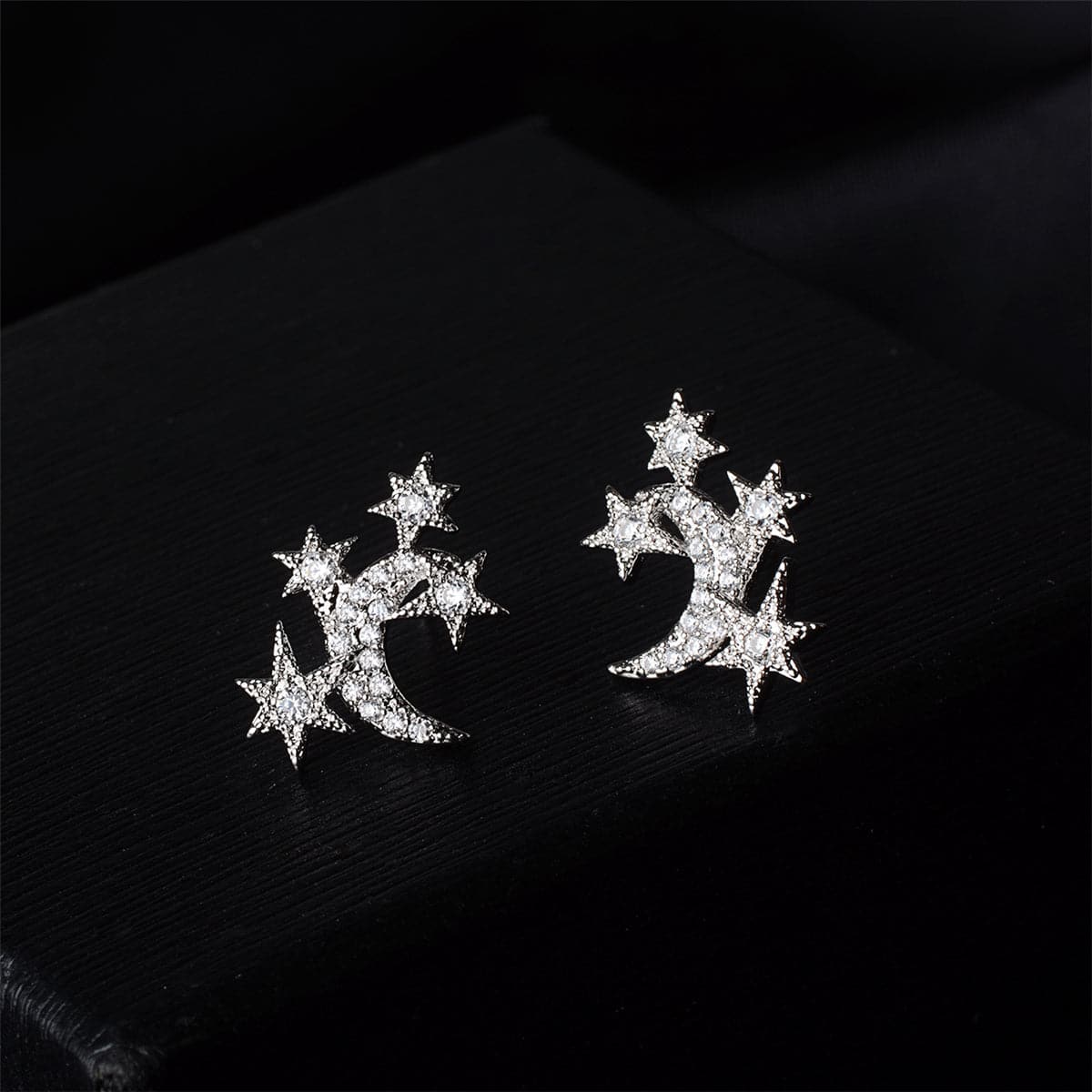 Cubic Zirconia & Silver-Plated Star Cluster & Moon Stud Earrings