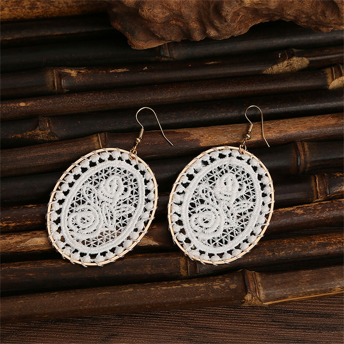 White Polyster & 18K Gold-Plated Botanical Oval Drop Earrings