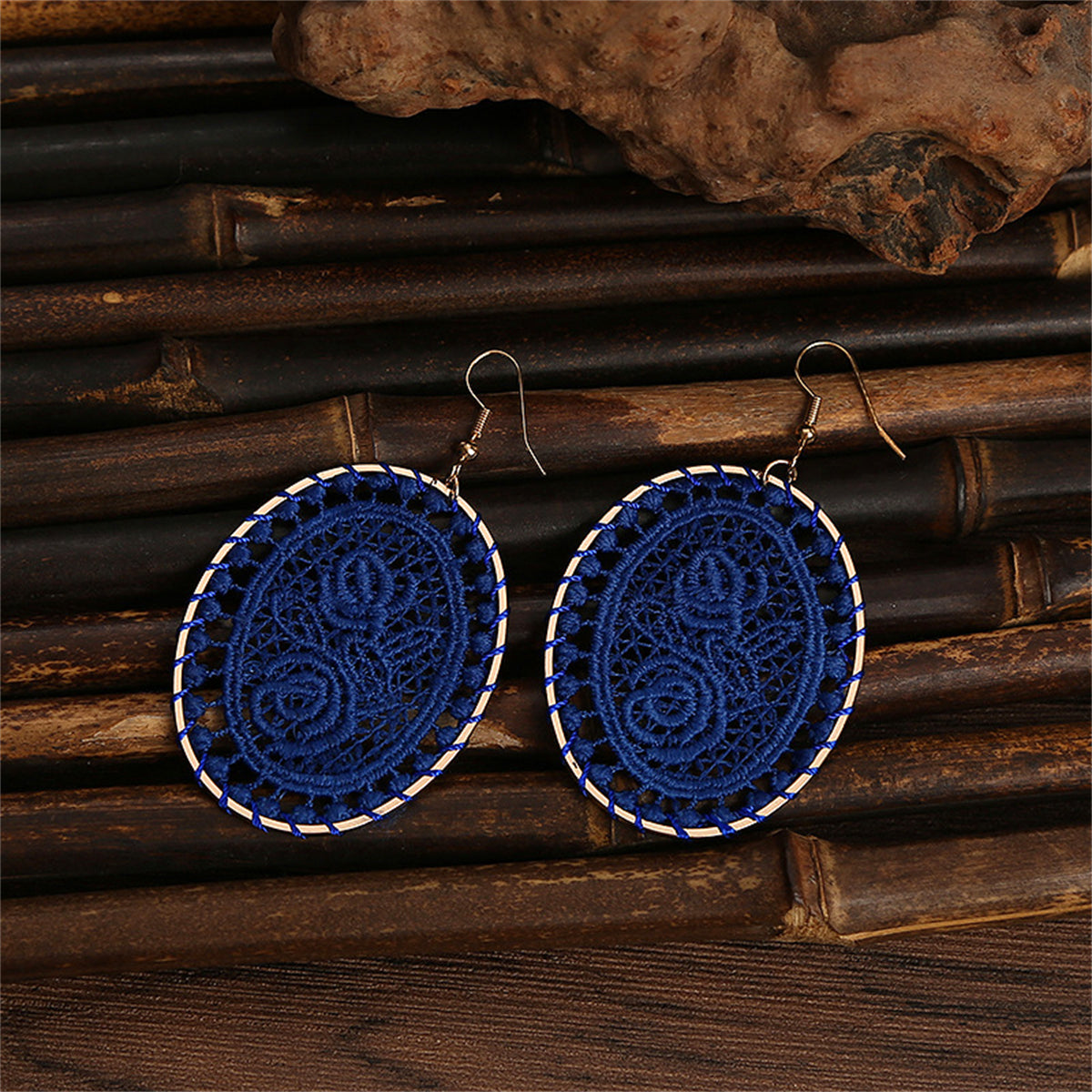 Navy Polyster & 18K Gold-Plated Botanical Oval Drop Earrings