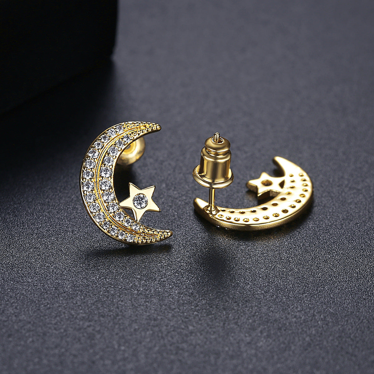 Cubic Zirconia & 18K Gold-Plated Moon Stud Earrings