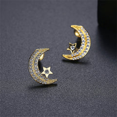 Cubic Zirconia & 18K Gold-Plated Moon Stud Earrings