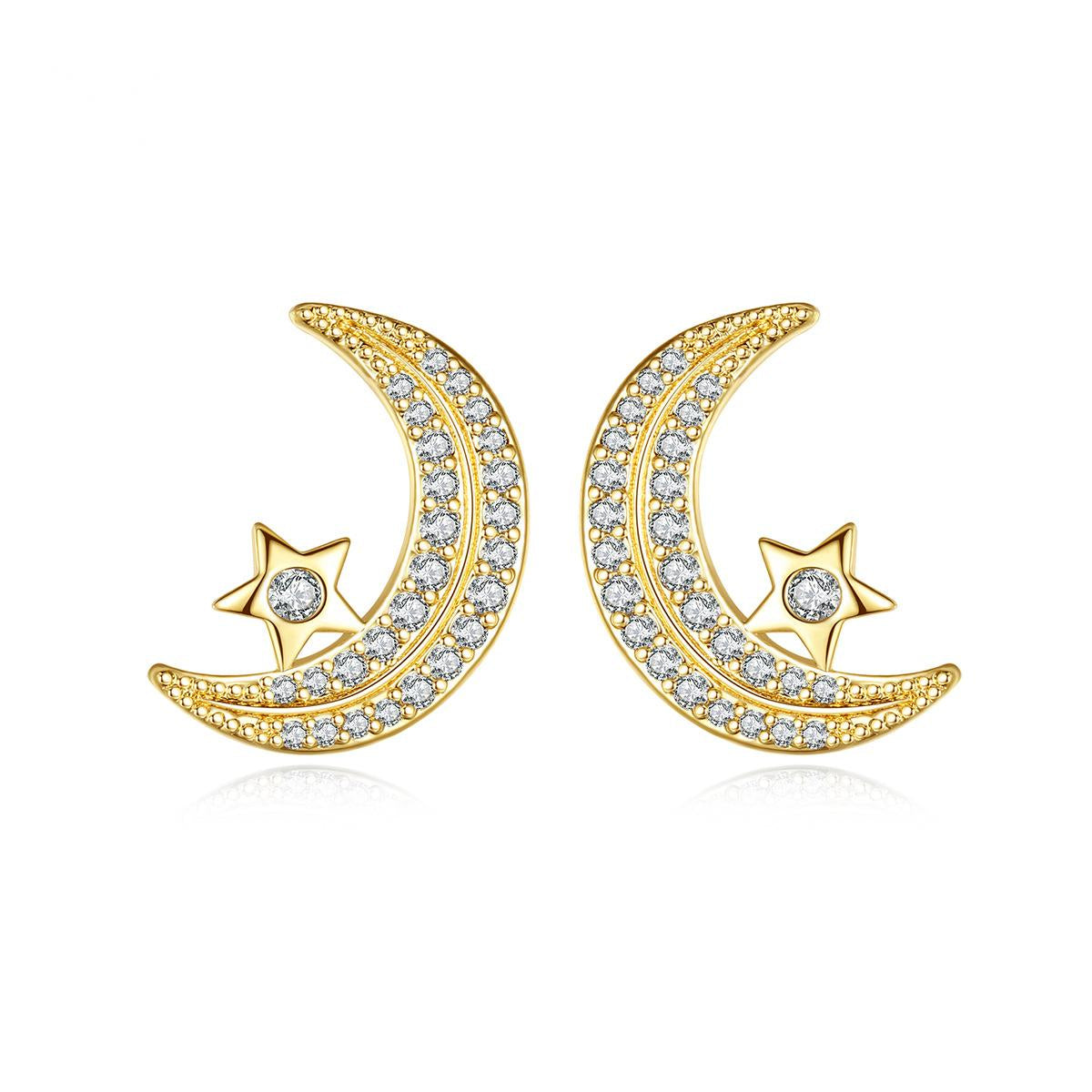 Cubic Zirconia & 18K Gold-Plated Moon Stud Earrings