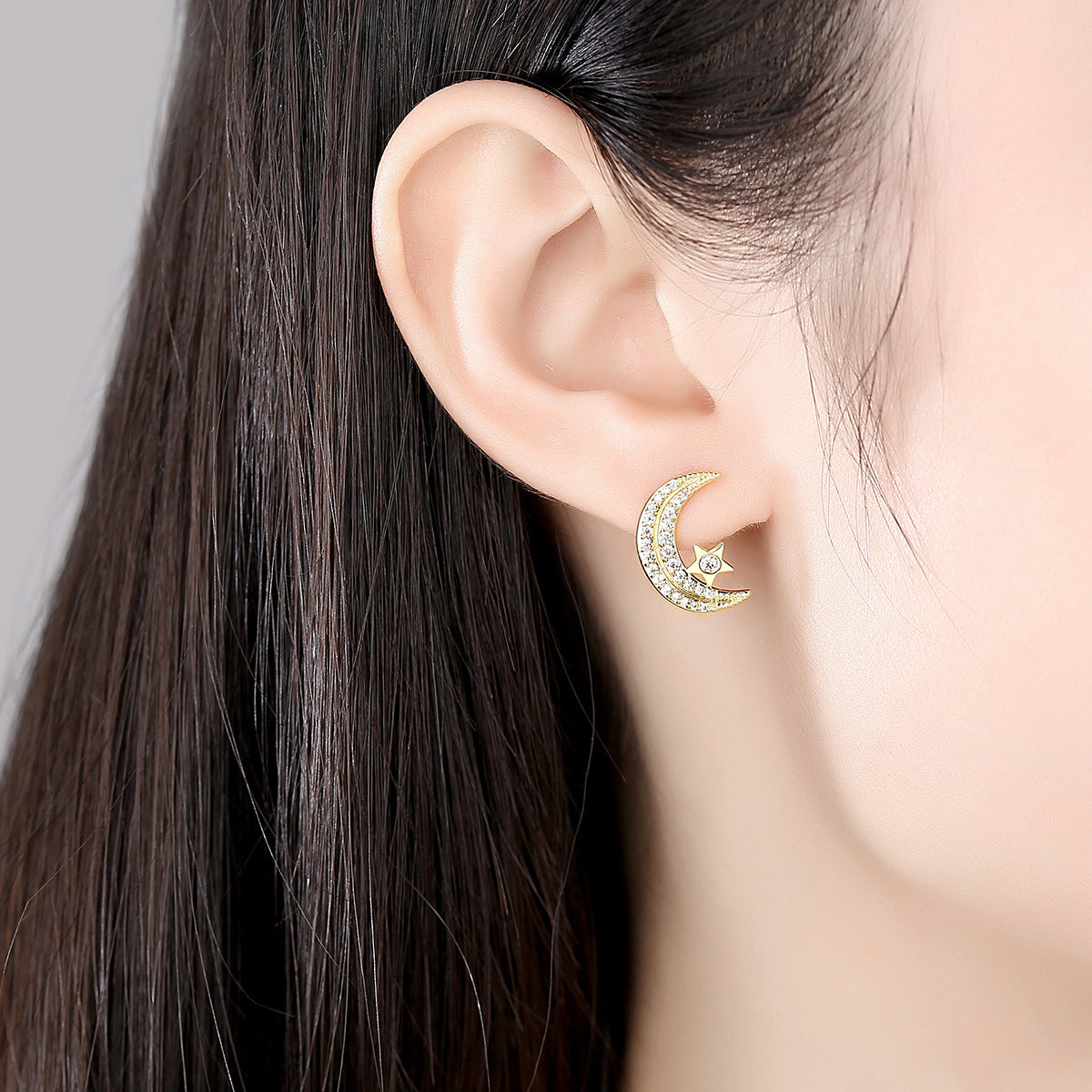 Cubic Zirconia & 18K Gold-Plated Moon Stud Earrings