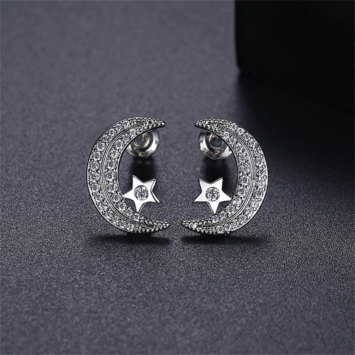 Cubic Zirconia & Silver-Plated Moon Star Stud Earrings