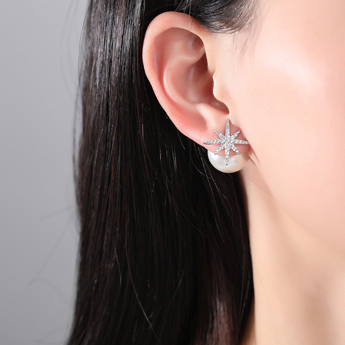 Cubic Zirconia & Pearl Silver-Plated Star Ear Jackets