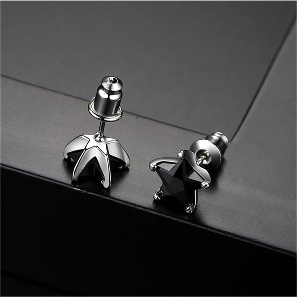 Black Crystal & Silver-Plated Star Stud Earrings