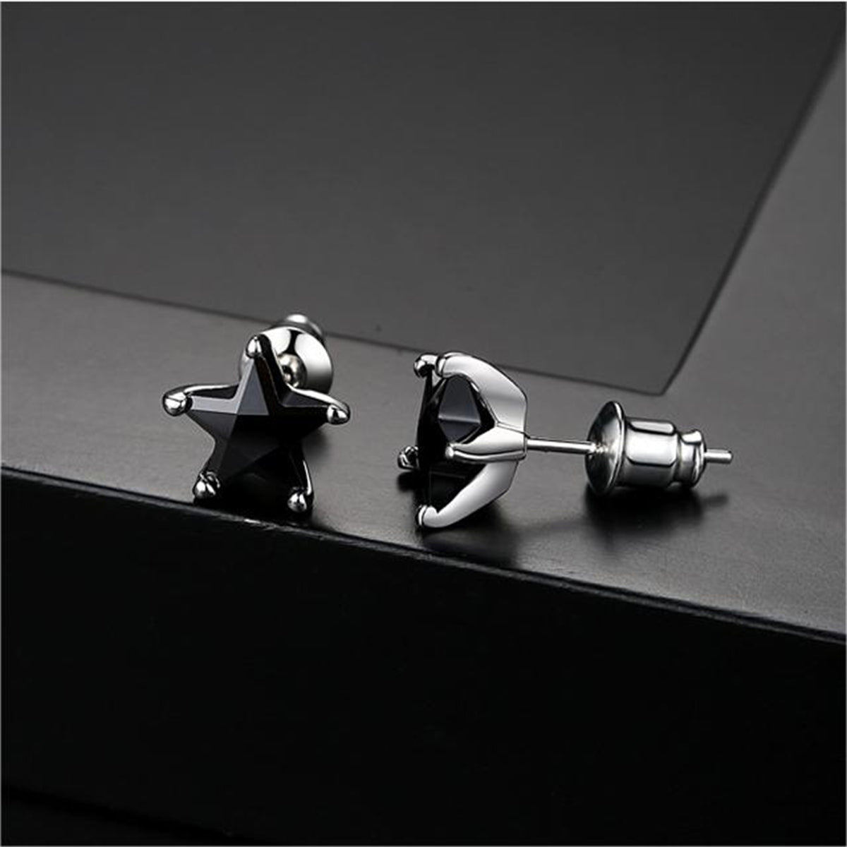 Black Crystal & Silver-Plated Star Stud Earrings