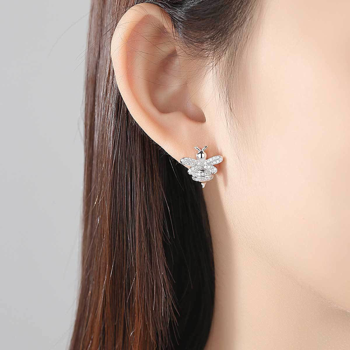 Clear Cubic Zirconia & Silver-Plated Bee Stud Earrings