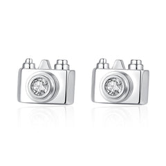 Cubic Zirconia & Silver-Plated Camera Stud Earrings