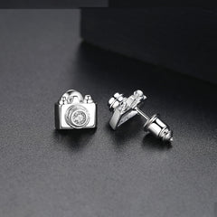 Cubic Zirconia & Silver-Plated Camera Stud Earrings