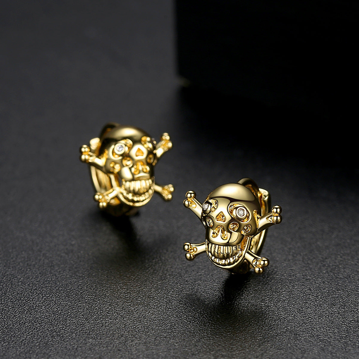 Cubic Zirconia & 18K Gold-Plated Skull Huggie Earrings