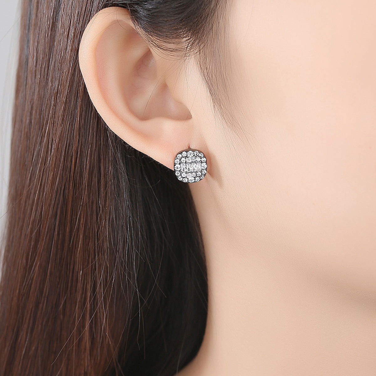 Black Crystal & Cubic Zirconia Round Stud Earrings