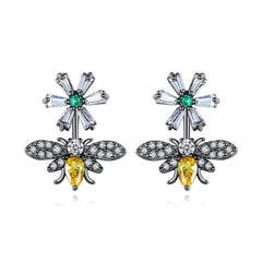 Yellow Crystal & Clear Cubic Zirconia Flower Bee Drop Earrings