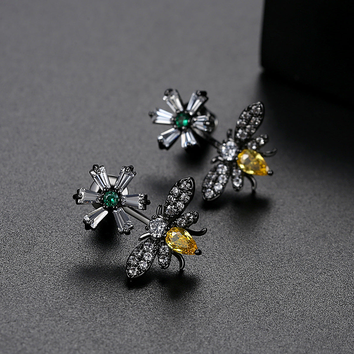 Yellow Crystal & Clear Cubic Zirconia Flower Bee Drop Earrings