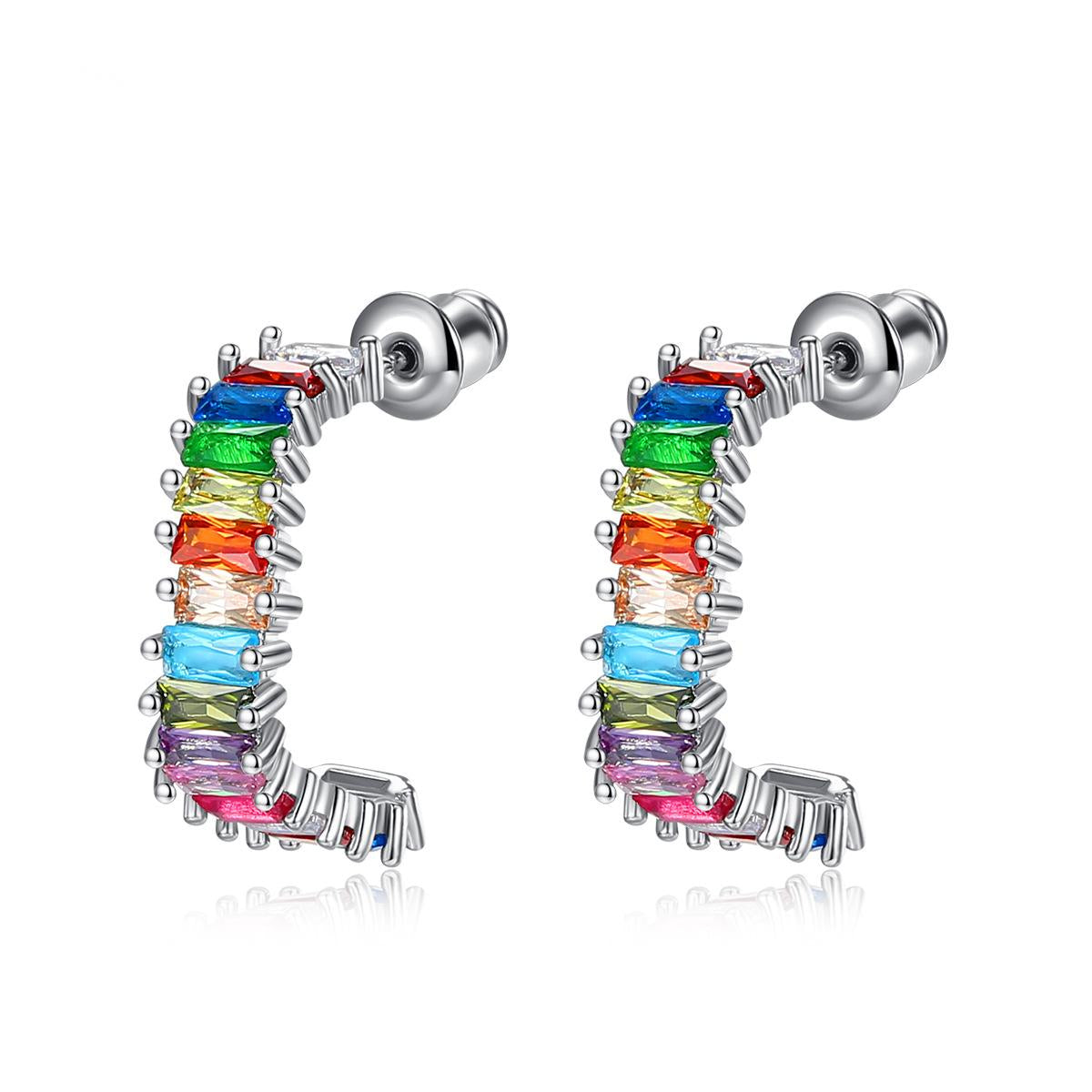 Multicolor Crystal & Silver-Plated C-Shaped Huggie Earrings