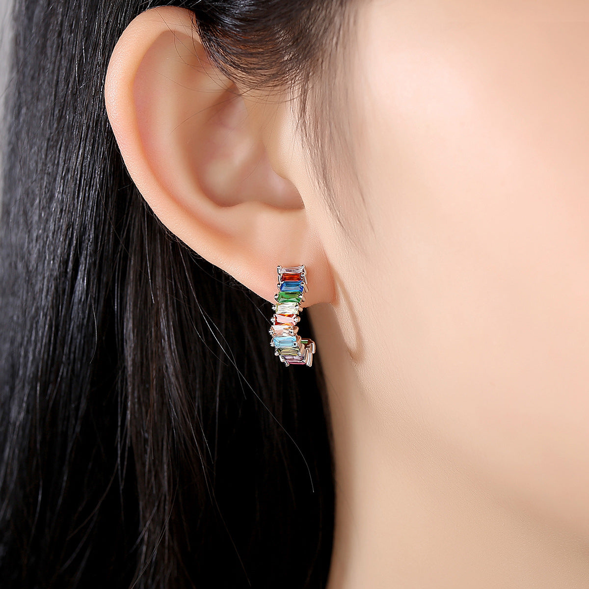 Multicolor Crystal & Silver-Plated C-Shaped Huggie Earrings