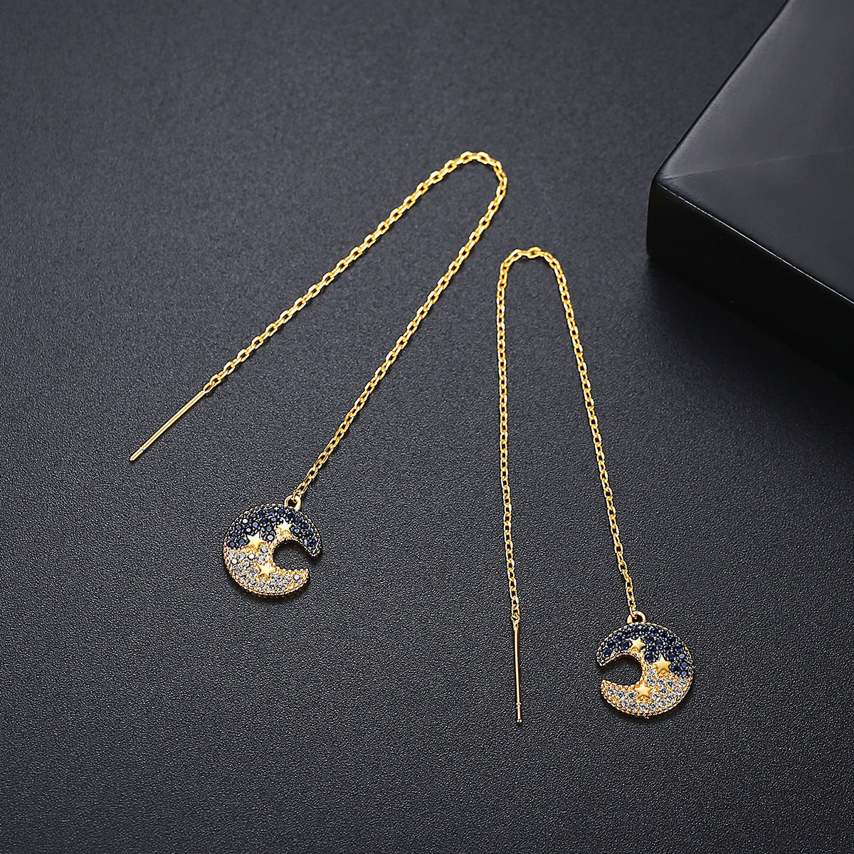 Cubic Zirconia & 18K Gold-Plated Moon Star Ear Threaders