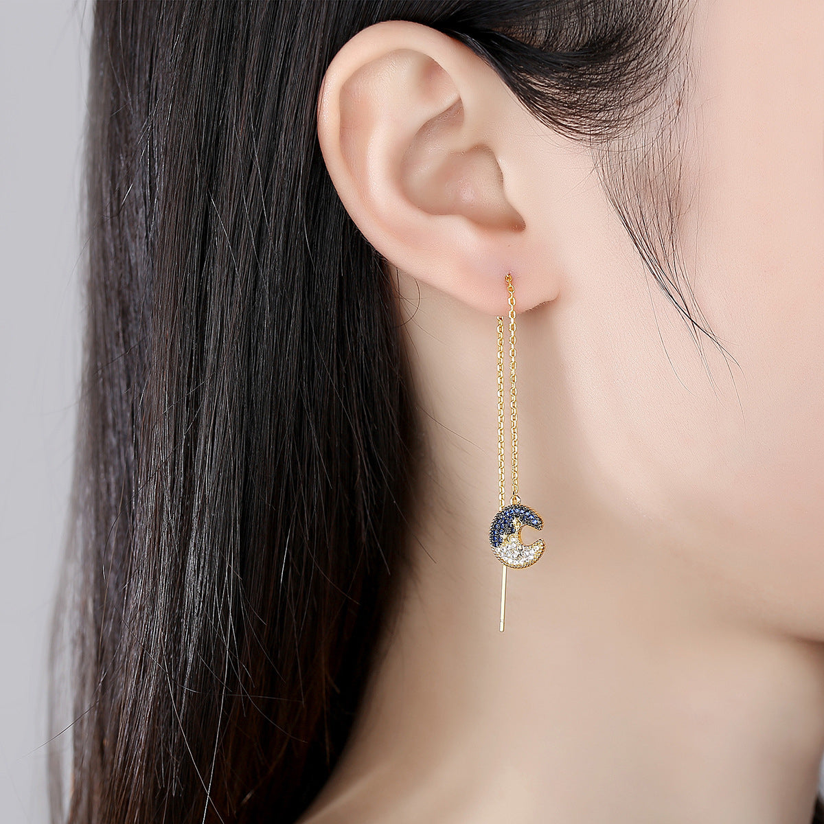 Cubic Zirconia & 18K Gold-Plated Moon Star Ear Threaders