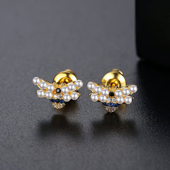 Pearl & Cubic Zirconia 18K Gold-Plated Bee Stud Earrings