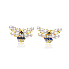 Pearl & Cubic Zirconia 18K Gold-Plated Bee Stud Earrings