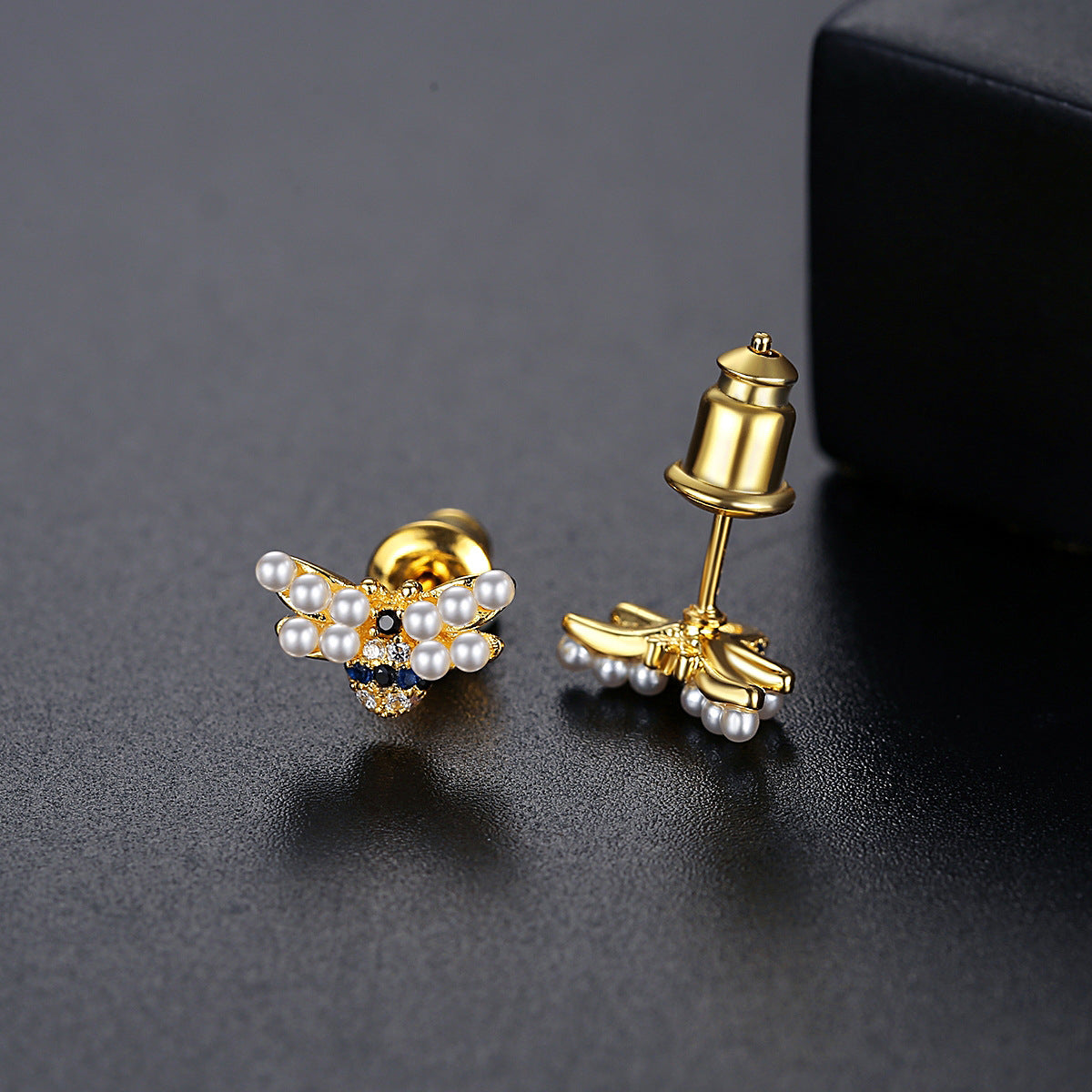 Pearl & Cubic Zirconia 18K Gold-Plated Bee Stud Earrings