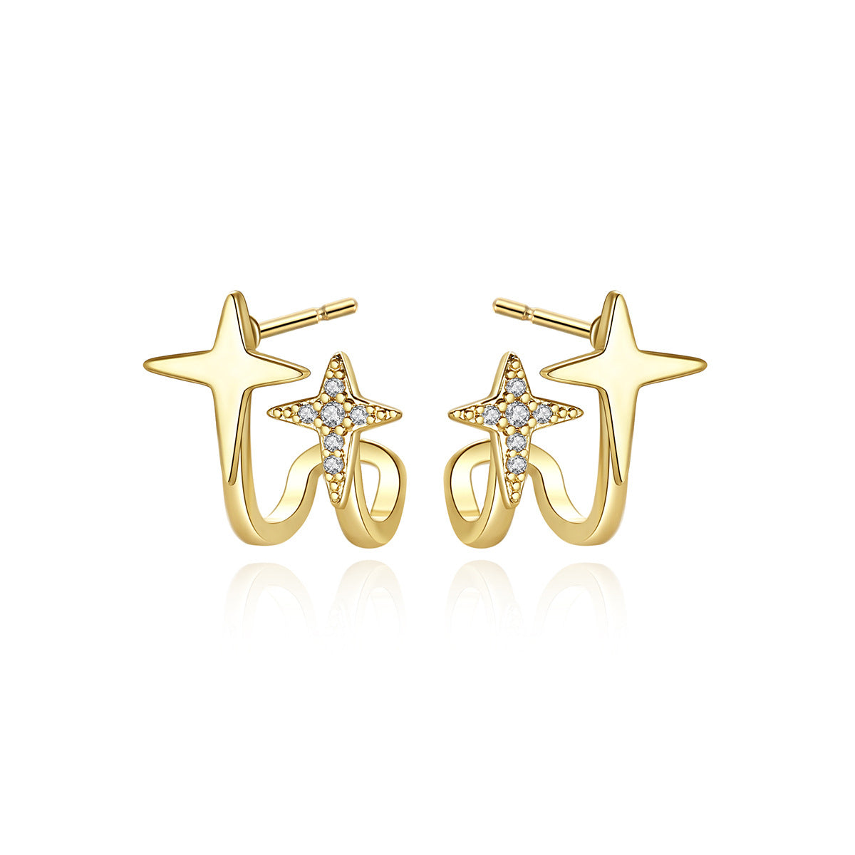 Cubic Zirconia & 18K Gold-Plated Double Star Stud Earrings