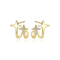 Cubic Zirconia & 18K Gold-Plated Double Star Stud Earrings