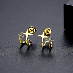 Cubic Zirconia & 18K Gold-Plated Double Star Stud Earrings