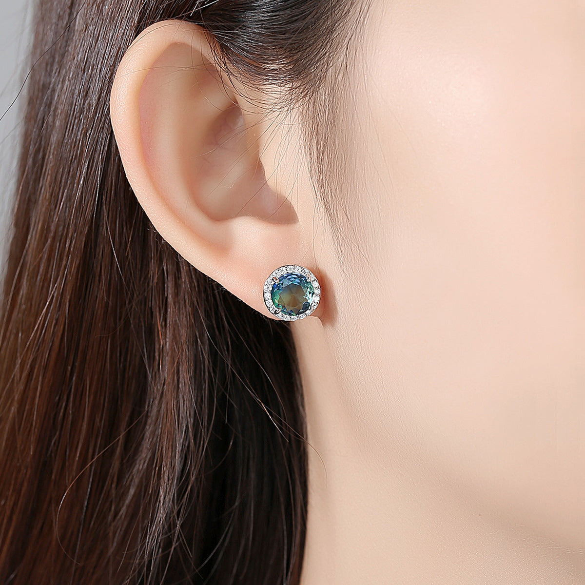 Blue Crystal & Cubic Zirconia Multicolor Halo Round Stud Earrings