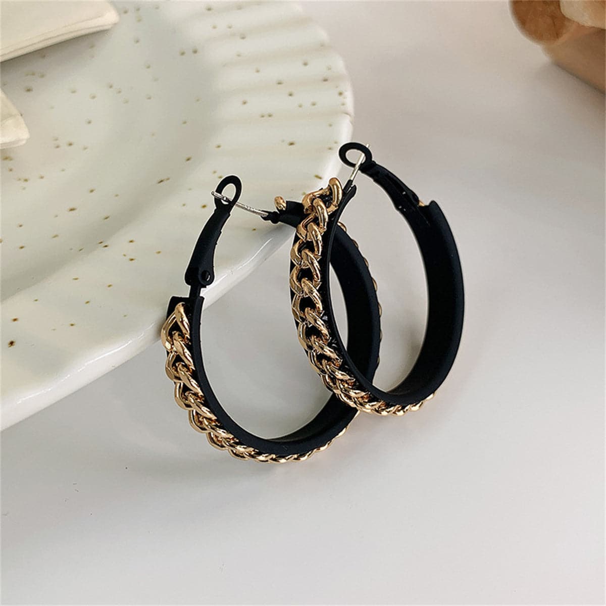 Black Enamel & 18K Gold-Plated Chain Hoop Earrings