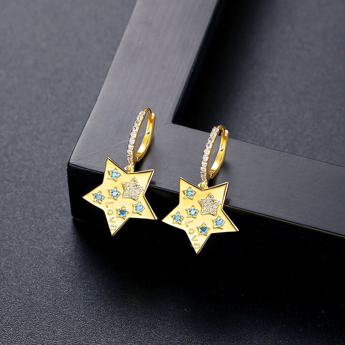 Blue Cubic Zirconia & 18K Gold-Plated Star Huggie Earrings