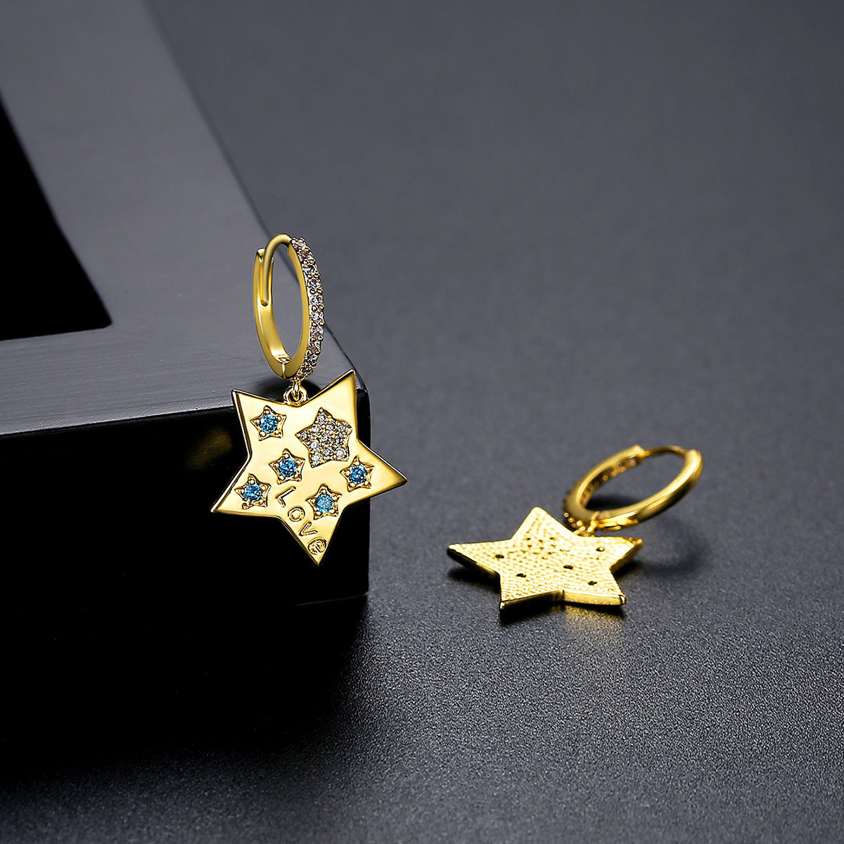 Blue Cubic Zirconia & 18K Gold-Plated Star Huggie Earrings