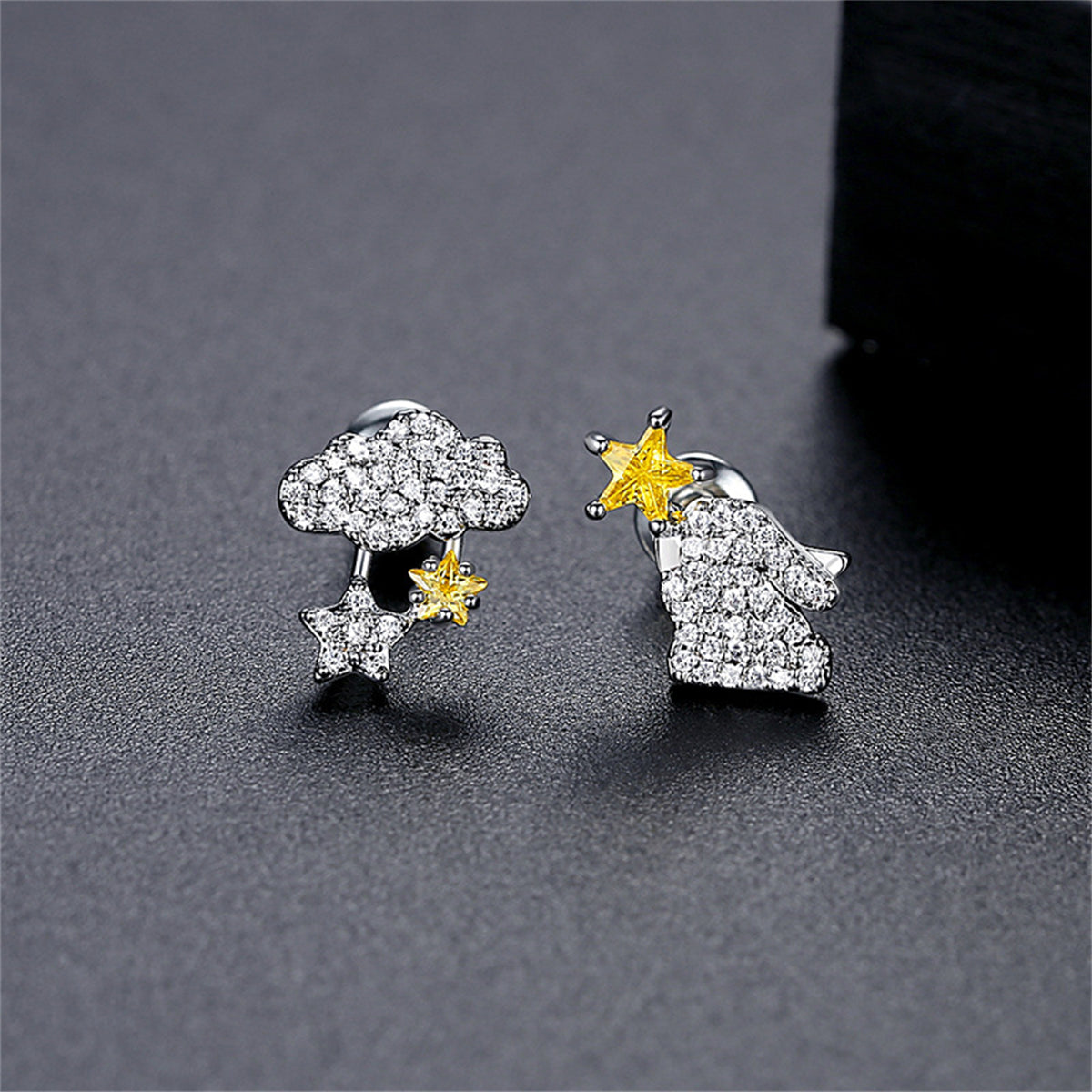 Yellow Crystal & Cubic Zirconia Silver-Plated Cloud & Rabbit Stud Earrings