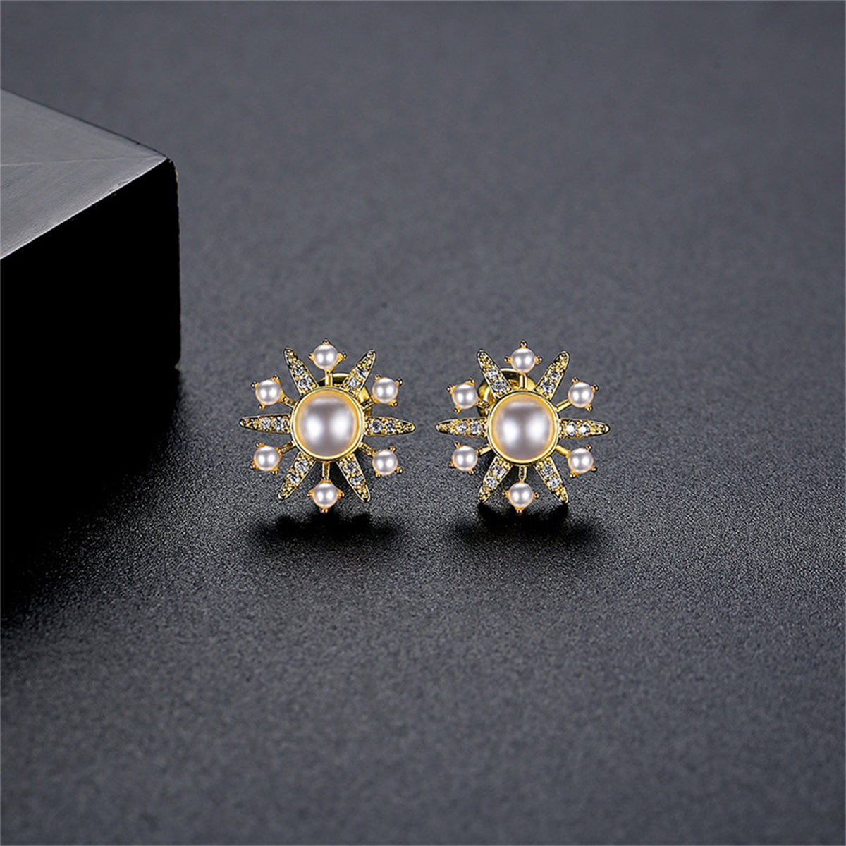 Cubic Zirconia & Pearl 18K Gold-Plated Sun Stud Earrings