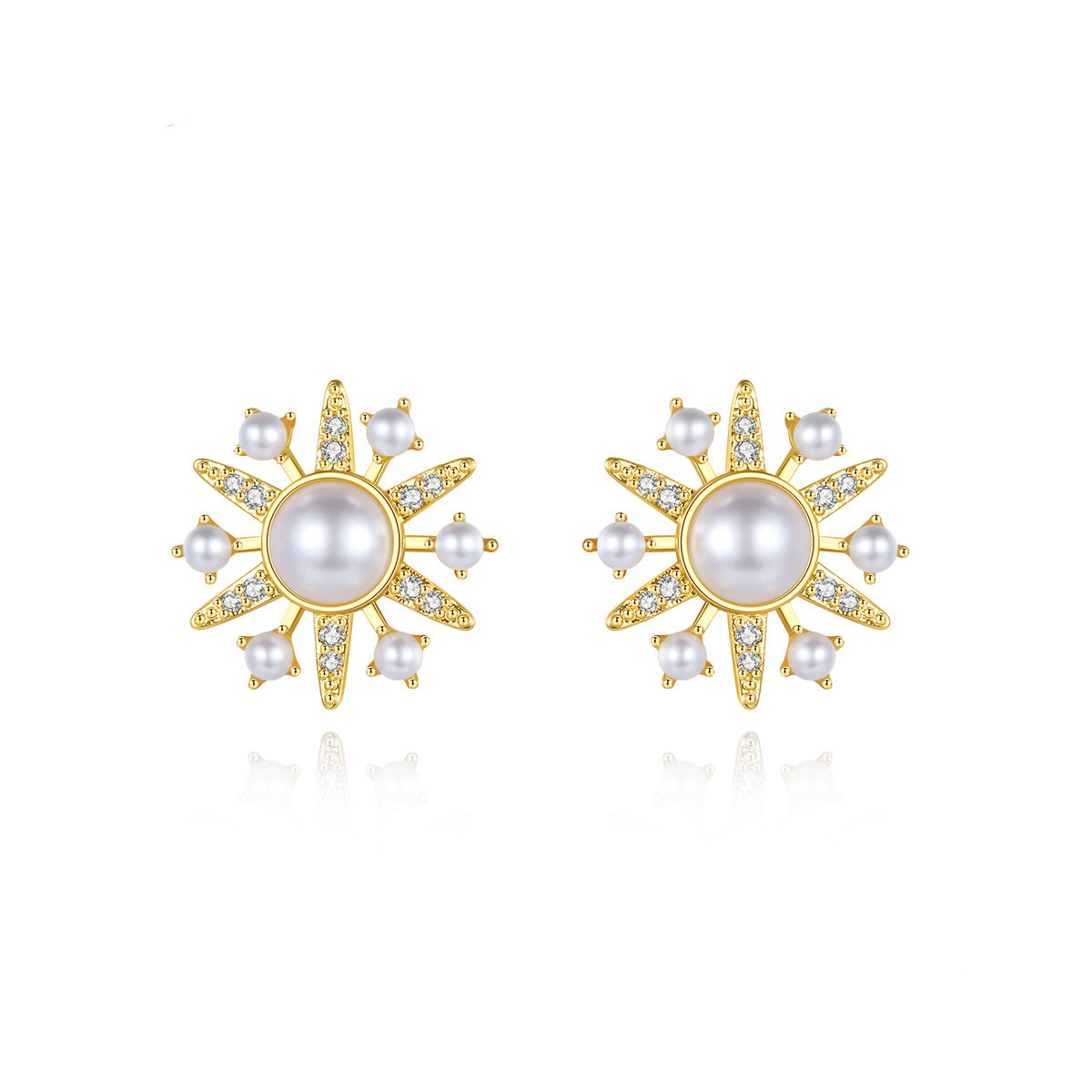 Cubic Zirconia & Pearl 18K Gold-Plated Sun Stud Earrings