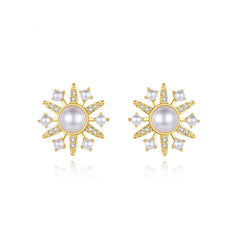 Cubic Zirconia & Pearl 18K Gold-Plated Sun Stud Earrings