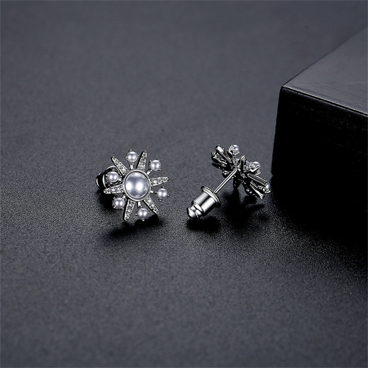 Cubic Zirconia & Pearl Silver-Plated Sun Stud Earrings